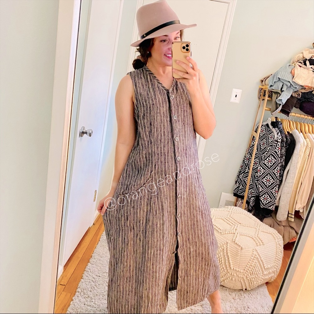 FLAX Gray Striped Button Front Linen Dress M